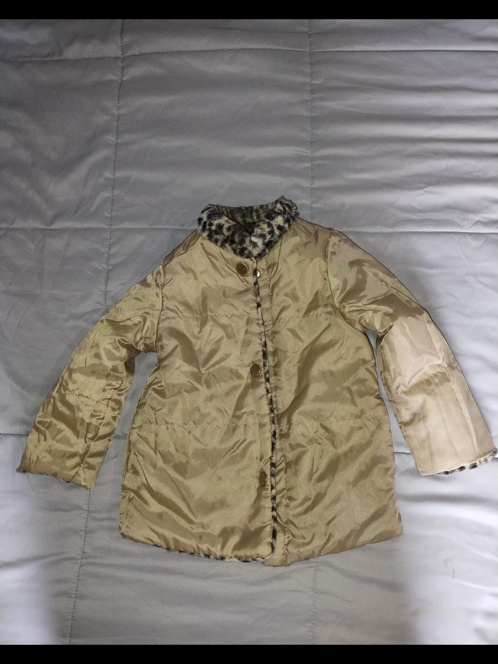 Girls' Cream Jacket with Leopard Faux-Fur Collar
